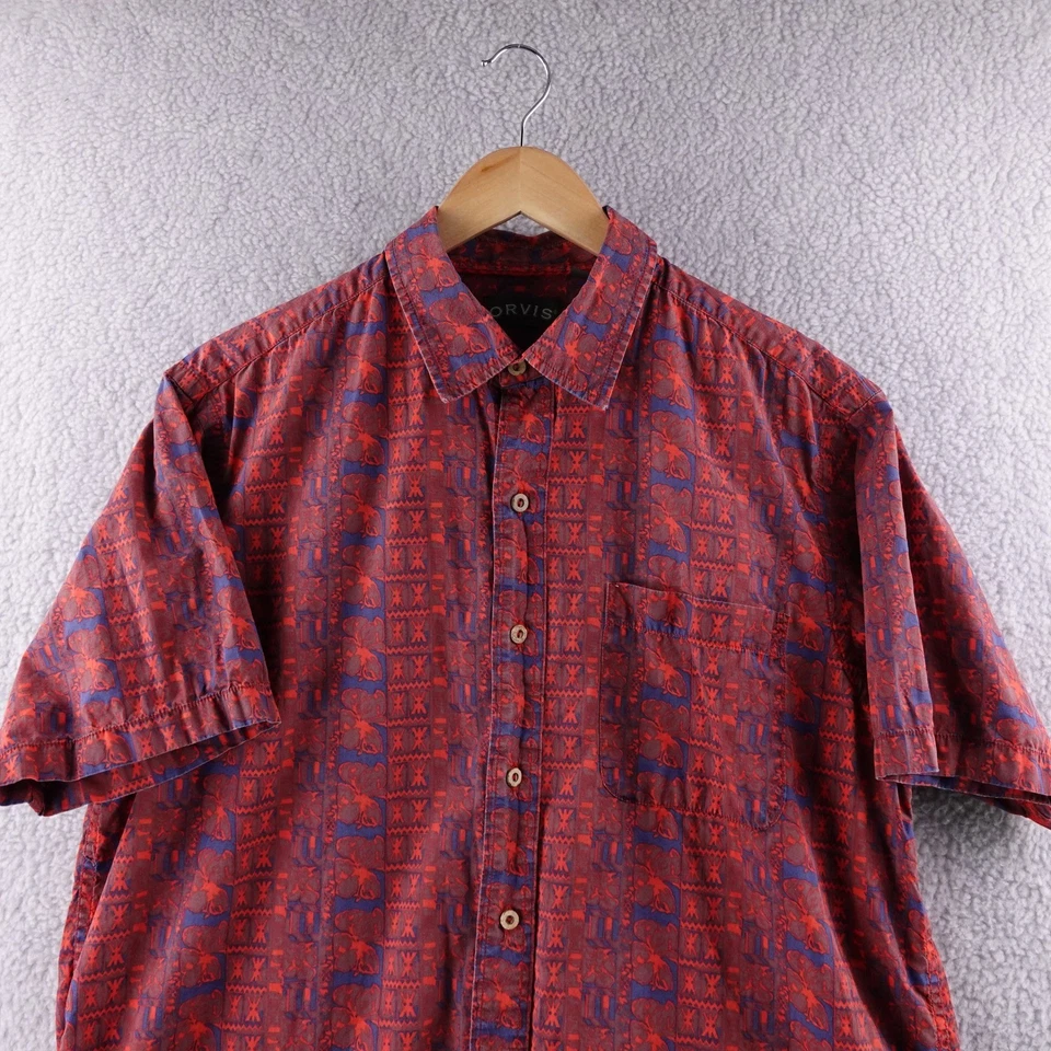 ORVIS Mens Large Red Blue Tribal Aztec Hawaiian Short Sleeve Button Up Shirt - Image 1 of 4