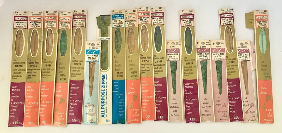 Lote de 18 Cremalleras Metálicas Nuevas en Paquete Costura Vintage Clarks J&P Abrigos Foto 1 de 1