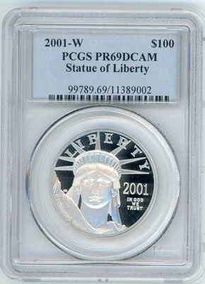 2001-W $100 PLATINUM EAGLE STATUE LIBERTY 1 Oz. PCGS PR69 PF69 PROOF ULTRA CAMEO - Image 1 of 2