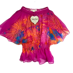 Jessica Taylor Womens Large Pink Floral Beaded Short Sleeve Sheer Top Boho - Picture 1 of 8
