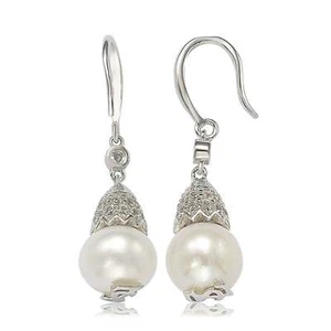 Suzy Levian Sterling Silver Pearl & White Sapphire Hook earrings - Picture 1 of 1