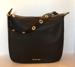 Michael Kors Raven Large Shoulder Handbag Black Genuine Leather & Gold Hardware - Picture 1 of 12