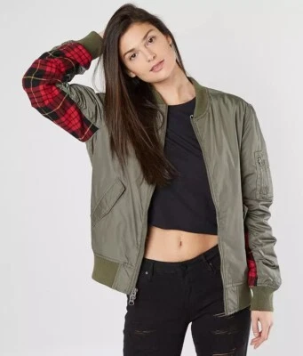 Kendall & Kylie Olive Green Plaid Trim Bomber Jacket Women’s Size Small - Image 1 of 4