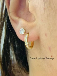 Argollas y Studs en Oro Solido Real 14K Para Mujer Huggies Hoop Earrings Studs - Picture 1 of 9