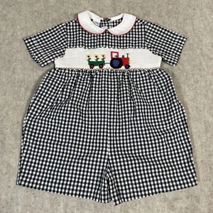 Vive La Fete Smocked One Piece Shorts Outfit Tractor Black Gingham 24 Months  - Picture 1 of 9
