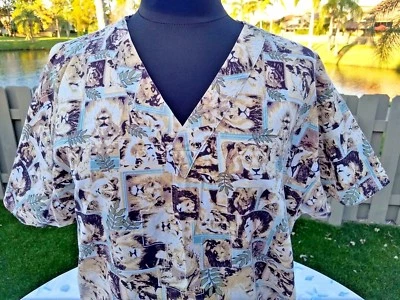Scrubs Womens CREST Scrub S AFRICAN LIONS Floral Collage Photo Nurse Medical Vet - Image 1 of 4