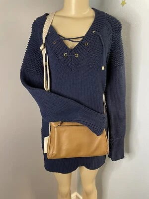 NUEVO Suéter Zara Tejido Hilo Italiano De Gran Tamaño Con Cordones Abertura Azul Marino Pequeño Foto 1 de 4