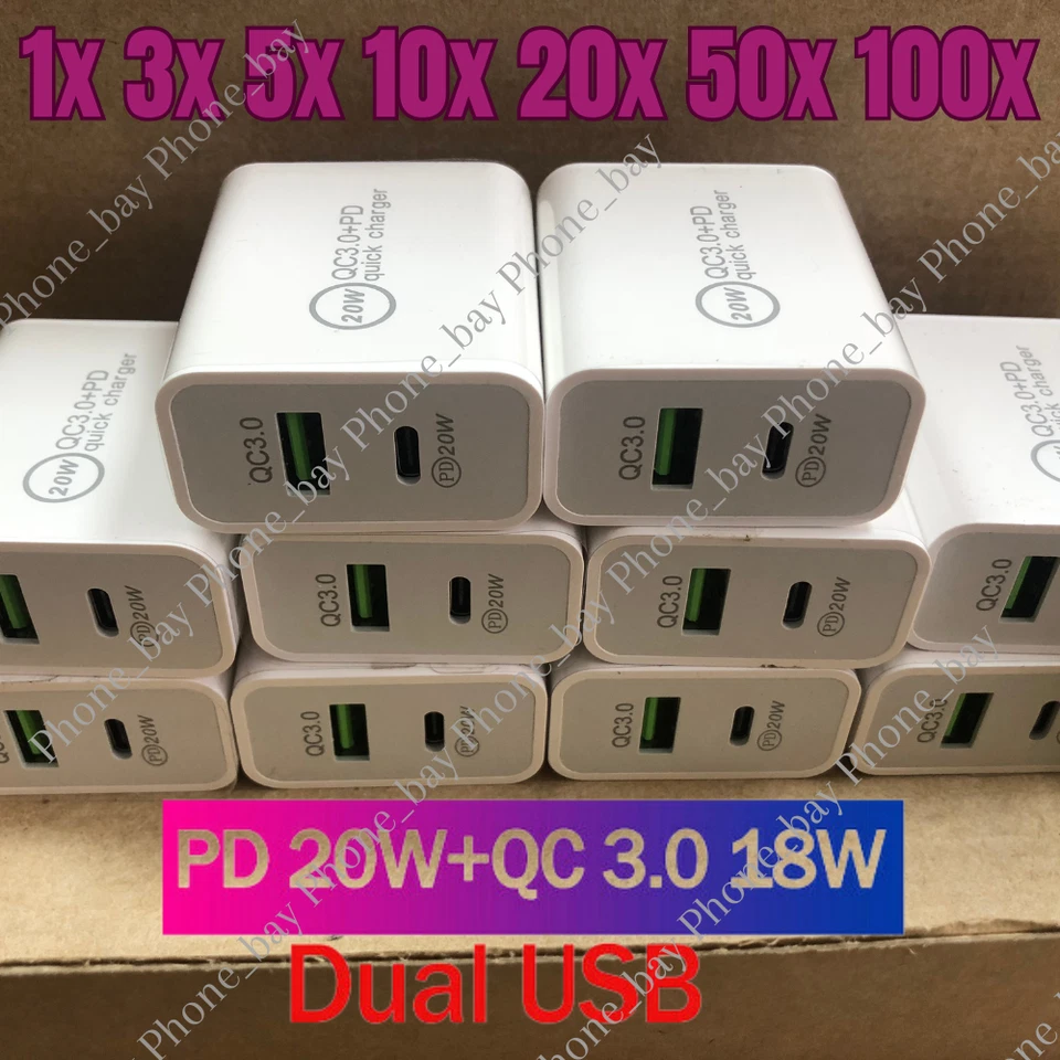 Lote Adaptador de Corriente de Pared USB Tipo C Bloque Cargador Rápido para iPhone 14 13 12 15 20W Foto 1 de 4