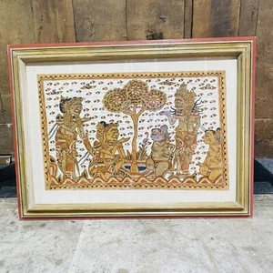 Vintage Balinese Textile Cloth Painting Kamasan Mahabarata Frame Red Bamboo - Picture 1 of 19