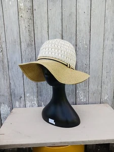COLLECTION EIGHTEEN Womens White And Tan Paper Straw Sun Hat Beach - Picture 1 of 8