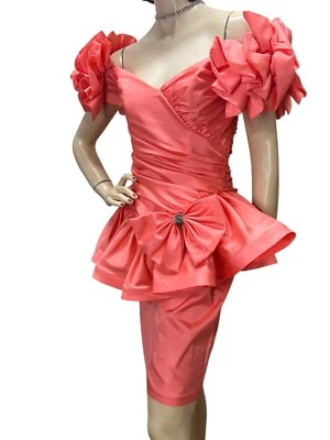Vtg 80s Sz 4 Coral Party/Prom Mini Dress Karen Lucas Niki  USA Big Bow Peplum - Image 1 of 4