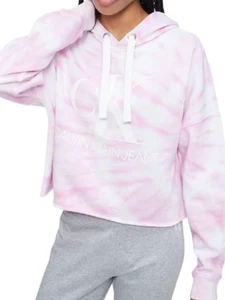 NEW $69 Calvin Klein Jeans Women's Monogram Hoodie Pink Logo Tie Dye Crop Large - Picture 1 of 2