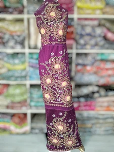 Elegant Purple Indian Raw Silk George Wrapper with stunning hand-beaded details - Picture 1 of 3
