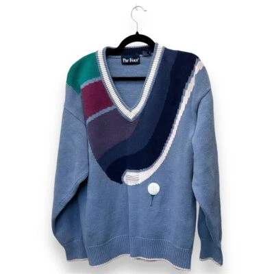 Vintage Par Four Men’s XL Golf Sweater Blue/Purple V-Neck Cardigan Graphic Print - Image 1 of 4