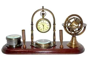 Antique Vintage Brass Pen Holder Desktop Tabletop Wooden Base Office Table Decor - Picture 1 of 6