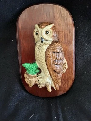 1 Ceramic OWL wall hangings on wood back - Image 1 of 2