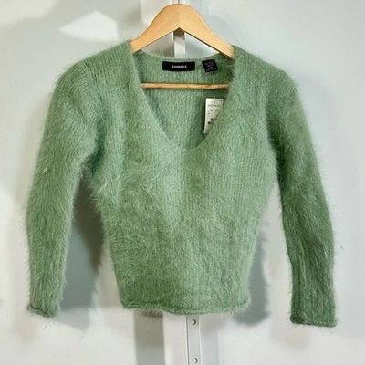 Suéter Vintage Angora Express Años 90 Nuevo con Etiquetas - Verde Menta Cuello en V Hong Kong Mujer’s M Foto 1 de 4