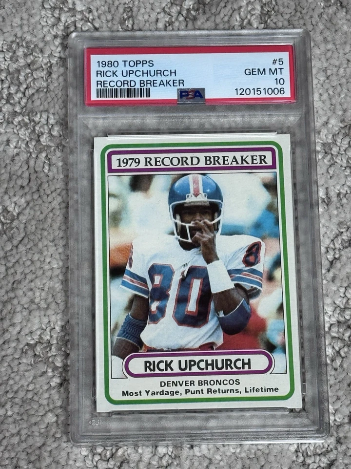 1980 TOPPS FOOTBALL CARD PSA 10 DENVER BRONCOS RICK UPCHURCH RECORD BREAKER - Image 1 of 1