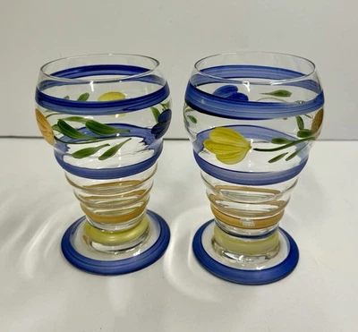 Set Of 2 Gibson Bella Style 16 oz Glasses Blue,Orange & Yellow Flower Hand Paint - Image 1 of 4