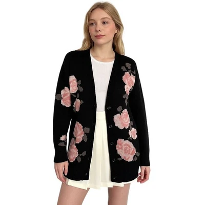 Cardigã JONES NEW YORK VINTAGE ANOS 80 rosa floral malha intársia preto botão frontal G - Imagem 1 de 4