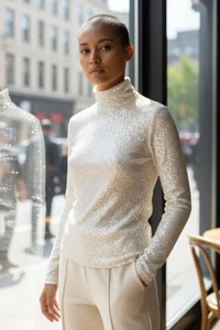 Top Express Lentejuelas Brillantes Cuello Tortuga Talla S Cáscara de Huevo - Imagen 1 de 8