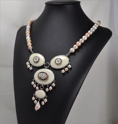 COLLANA IN ARGENTO 925 CON PERLE MULTICOLORE CAMMEI IN SARDONICO FIORI AGLN 093 - Immagine 1 di 3