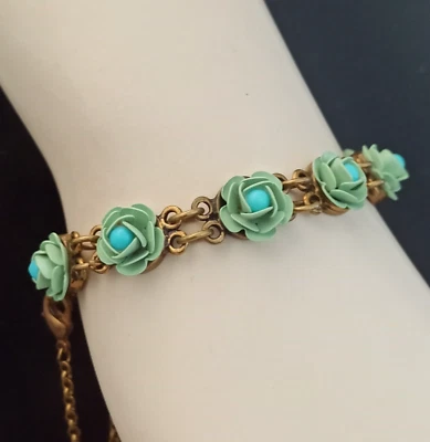 Michal Negrin Bracelet Roses Pastel Green 3D Enamel  Flowers Turquoise Blue Gift - Image 1 of 4