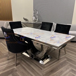 1.8m Arial White Marble Dining Table U Stand and 4 Seater Black Lion Chairs Set - Picture 1 of 10
