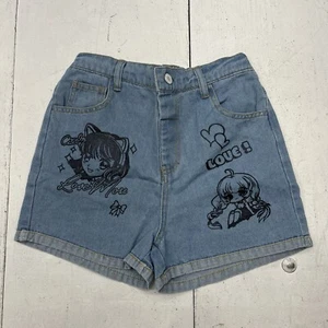 Blue Denim Graffiti Art Detail Anime Shorts Streetwear Girls Size 9-10 Y NEW - Picture 1 of 9
