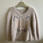 Matalan Girls Jumper Sweater Cat Themed Fluffy Beige Winter 4-5 Years Excellent