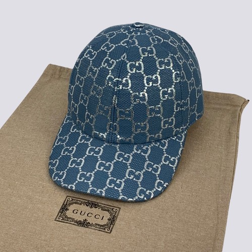 Cappello Berretto Baseball Gucci GG Monogram Argento Tela Lame Blu Taglia M