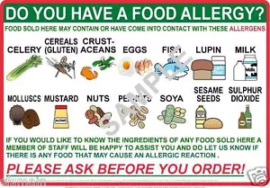 FOOD HYGIENE SAFETY ALLERGY ALLERGEN SIGN POSTER 3 SIZES RESTAURANTS CAFE PUBS  - Picture 1 of 1