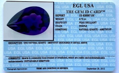 0.75Ct Pear Brilliant Shape Purple Natural Quartz Amethyst Certified By EGL USA  - Image 1 of 4