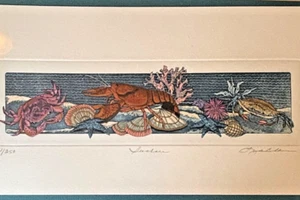 SEASHORE Maritime handbemalte Radierung signiert Linda Cullers 51/350 mattiert 15x7,5" - Bild 1 von 12