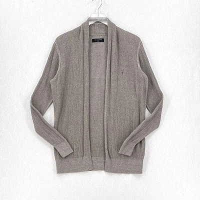 ALLSAINTS Stein кардиган мужской маленький серо-коричневый ребристый вязаный открытый передний - Изображение 1 из 4