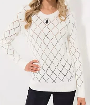 STRANDFEIN Pullover Rundhalsausschnitt Ajour-Muster figurumspielend Gr.42 - Bild 1 von 4