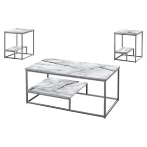 Table Set 3pcs Set Coffee End Side Accent Metal White Marble Look - Picture 1 of 4