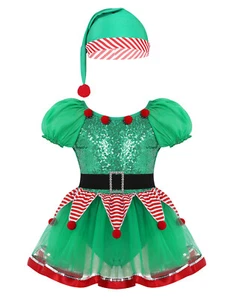 Girls Sequined Christmas Costume Elf Outfit Cosplay Party Xmas Fancy Dress Suit - Picture 1 of 89