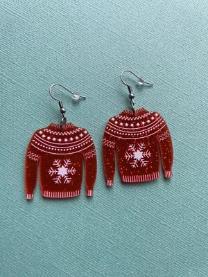 Christmas Jumper Dangle Earrings, Surgical Steel Hooks, Xmas Sweater Glitter Red - image 1 of 3