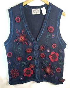 Erika Studio Blue Cardigan Vest Vintage crochet Flower button Womens size Medium - Picture 1 of 7