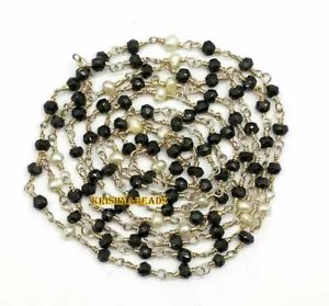 10 Feet Rosary chain Black Tourmaline & Pearl 3mm Rondelle Style Faceted Copper - Picture 1 of 9