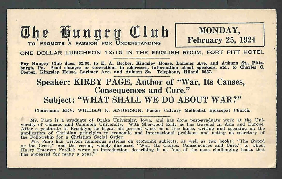 1924 PC PITTS PA TH HUNGRY CLUB FORT PITT HOTEL $1.00 LUNCHEON PROMOTES SEE INFO - Image 1 of 1