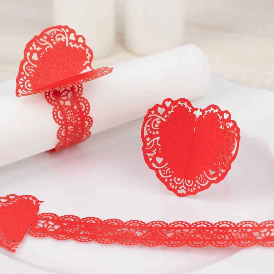12 RED Shimmery Laser Cut Heart Paper Napkin Rings with Lace Pattern Wedding - Изображение 1 из 4