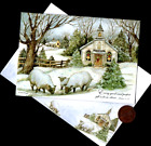HTF CHRISTMAS Church Lambs Sheep Trees Snow - RELIGIOUS - SMALL- Greeting Card
