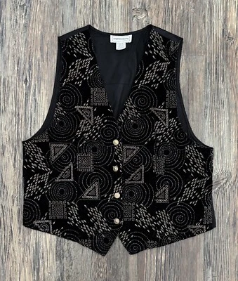 Impressions of California Velvet Vest Women’s Lg Vtg Art Deco Black Gold Silver - Image 1 of 4