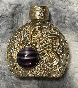 Perfume Bottle Glass Violet Cabochon Gold Metal Filigree Glass Pipette Vintage - Picture 1 of 23