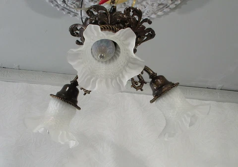Antique Vintage Flush Mount 3 Down Lt. Fixture Frosted Glass Shades Fancy Cover