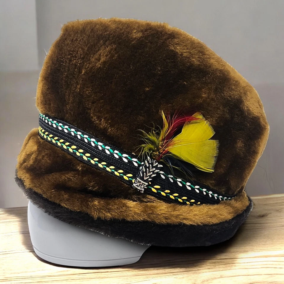 De colección Años 50 Forrado Fedora Marrón Imitación Piel Pluma Bordada Talla M 7-7 1/8 Foto 1 de 4