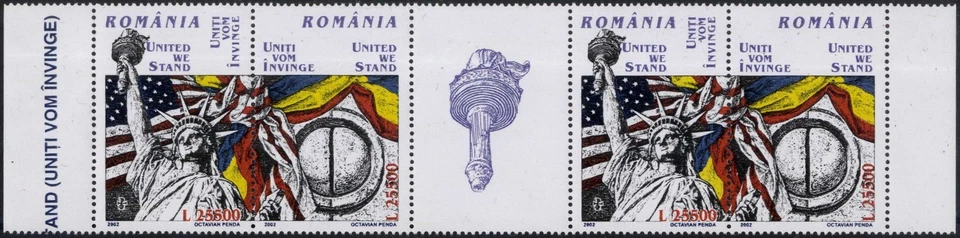 Romania  USA 2002 United we stand, Liberty, Brancusi, Gate of Kiss, Flags,+TAB - Image 1 of 1