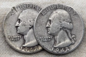 Lot of 2 Silver Washington Quarters : 1948P, 1948S - .9 Fine Silver Coins - Picture 1 of 3